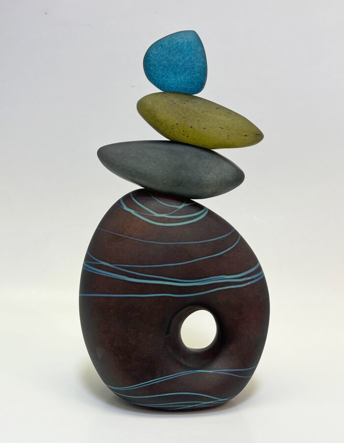 Tall 4 stone art glass cairn in brown and teal with hole by Waitsfield, VT artist Melanie Leppla