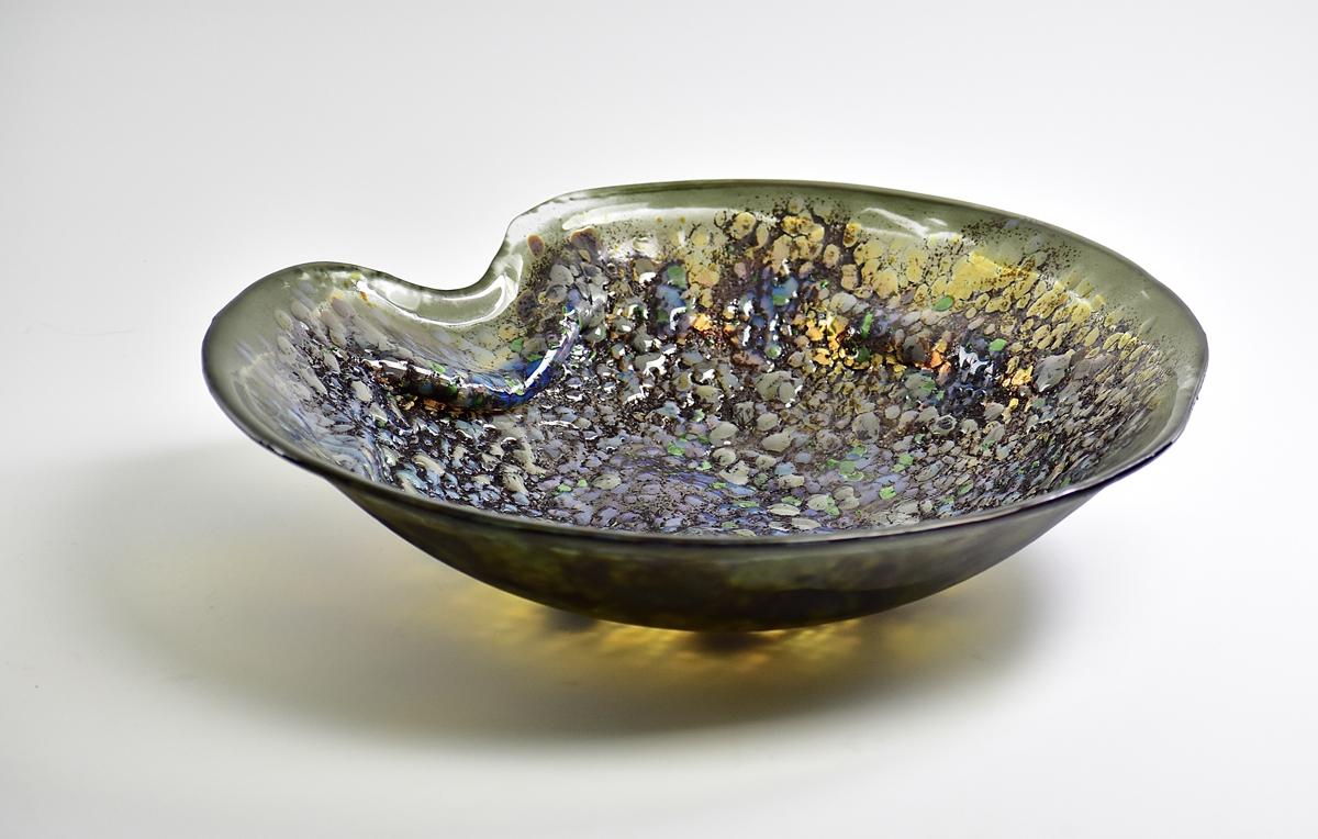 Unique blown, fused & slumped glass bowl by Tom Philabaum.